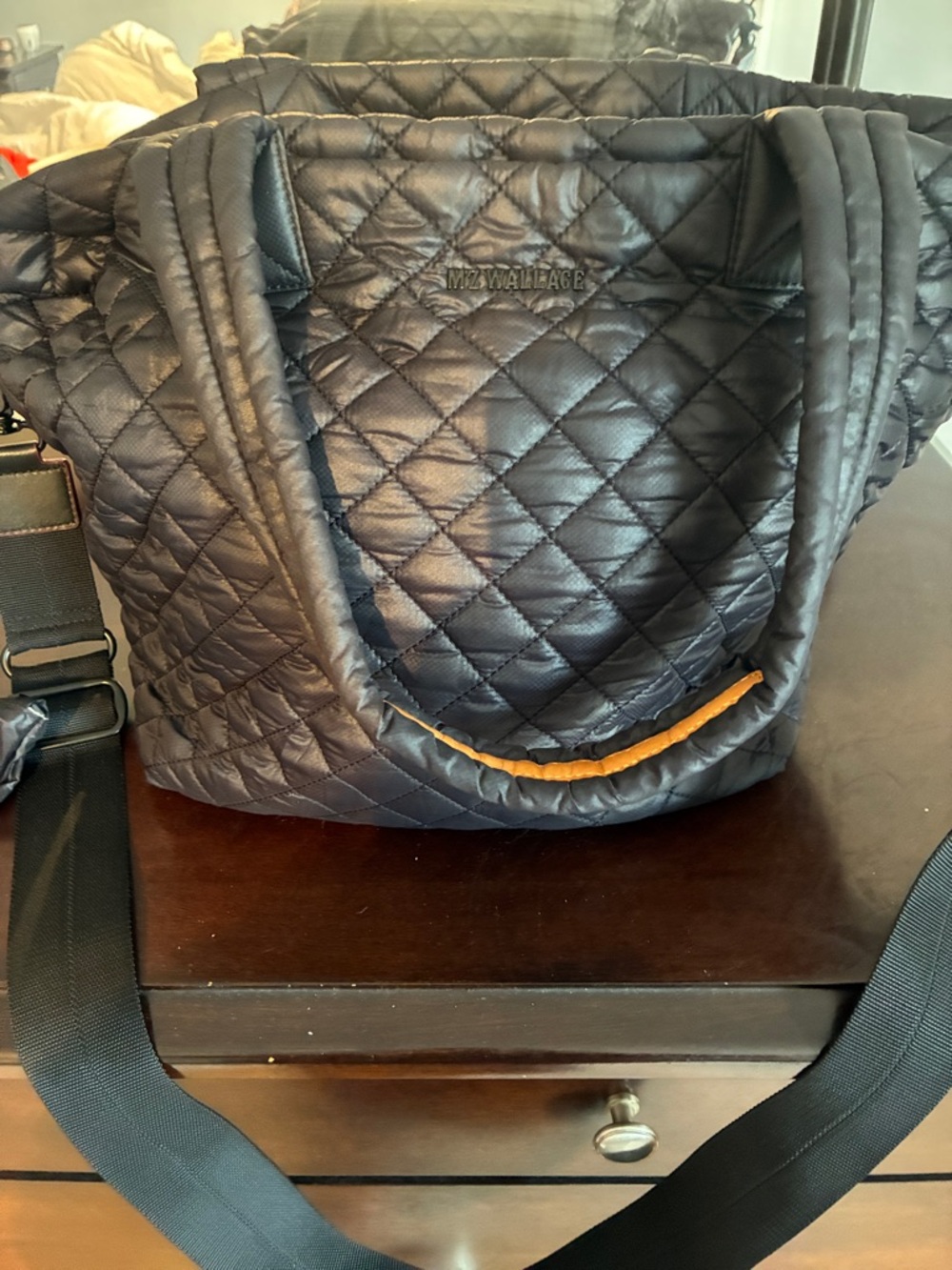 Metro MZ Wallace Quilted Tote Bag in Black with burgundy Trim